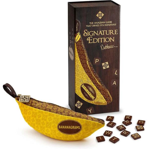 Bananagrams Signature Edition velvet banana pouch with dark brown gold foil letter tiles
