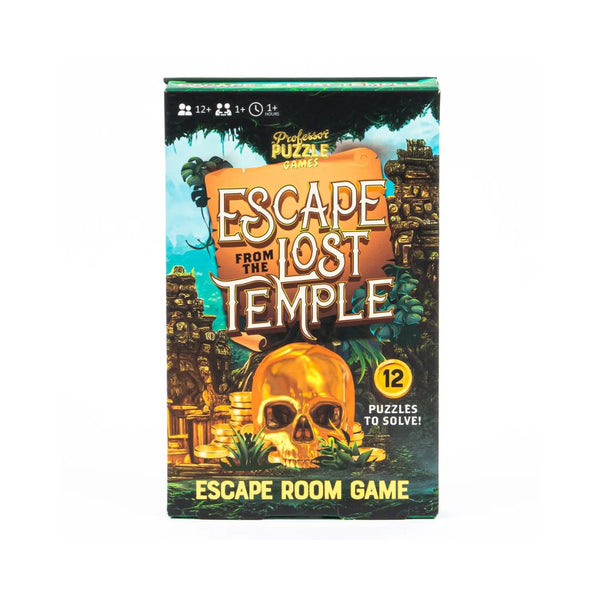 Escape from the Lost Temple game box with puzzle cards, temple map and field notes