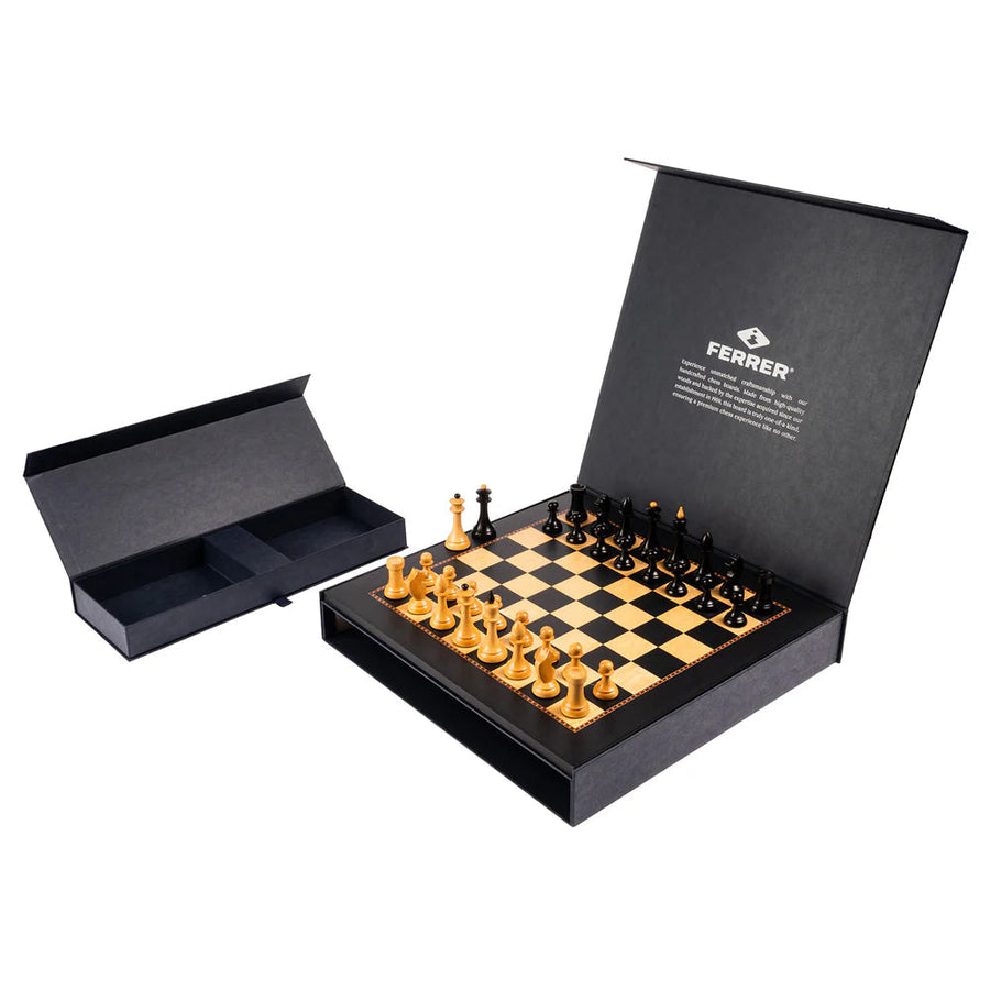 Queen's Gambit Official chess set with black and cream wooden board, weighted pieces and double case