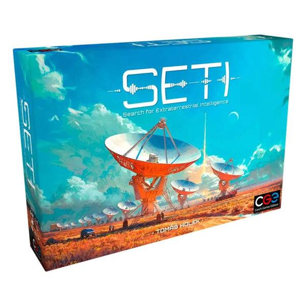 SETI board game box with the space board, telescope tiles and player dashboards