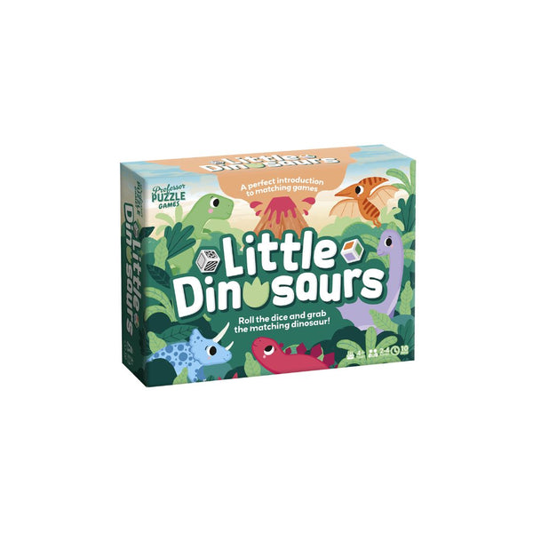 Little Dinosaurs kids card game box with colourful dinosaur cards, dice and a fact poster