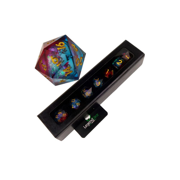 Iridescent Blood Sea liquid core polyhedral dice set of seven with swirling glitter