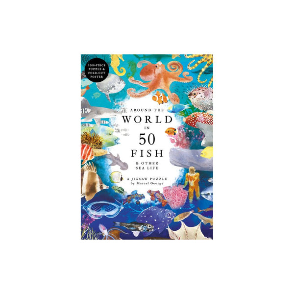 Around the World in 50 Fish 500-piece jigsaw puzzle box with illustrated fish artwork
